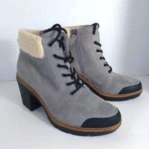Dr. Scholl's For The Love Of Grey Fur Trimmed Block Heel Lace-Up Boots Size-9.5
