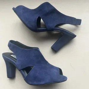 Dune London Marcella Navy Blue Suede Slingback Peep Toe Heel Sandal EU 38 US 7.5
