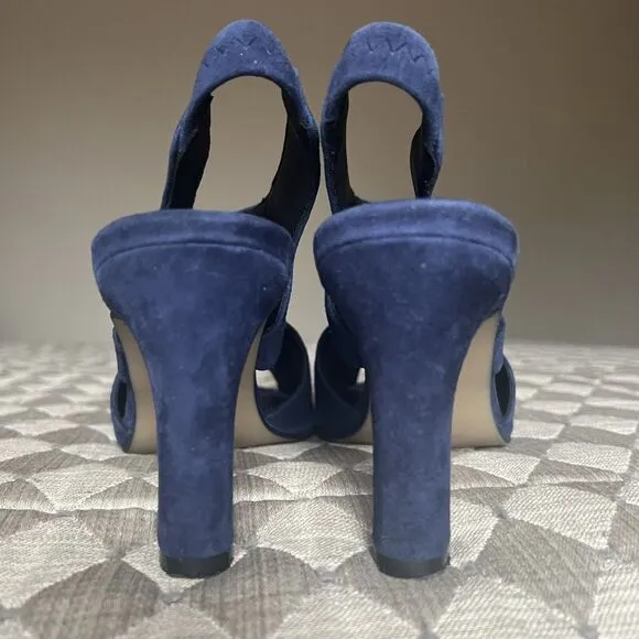 Dune London Marcella Navy Blue Suede Slingback Peep Toe Heel Sandal EU 38 US 7.5