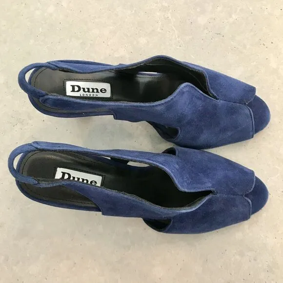 Dune London Marcella Navy Blue Suede Slingback Peep Toe Heel Sandal EU 38 US 7.5