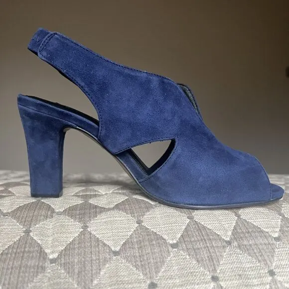 Dune London Marcella Navy Blue Suede Slingback Peep Toe Heel Sandal EU 38 US 7.5