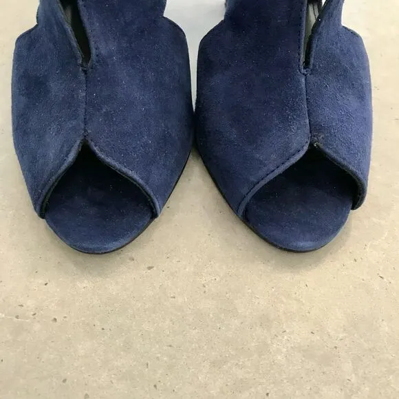 Dune London Marcella Navy Blue Suede Slingback Peep Toe Heel Sandal EU 38 US 7.5
