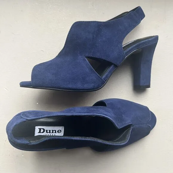Dune London Marcella Navy Blue Suede Slingback Peep Toe Heel Sandal EU 38 US 7.5