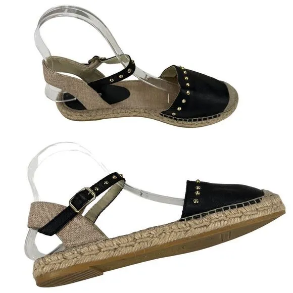 Dune London Joka Black Leather Studded Flat Espadrille ￼Sandals Women’s Size 6 (
