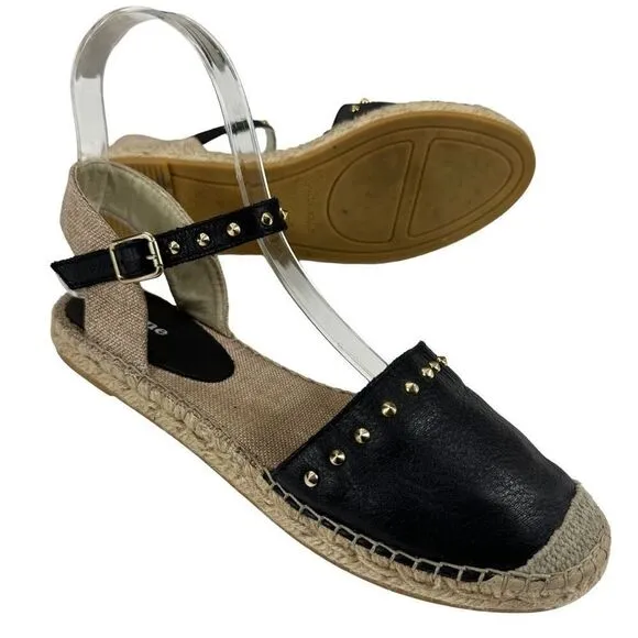 Dune London Joka Black Leather Studded Flat Espadrille ￼Sandals Women’s Size 6 (