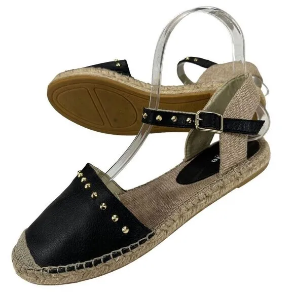Dune London Joka Black Leather Studded Flat Espadrille ￼Sandals Women’s Size 6 (