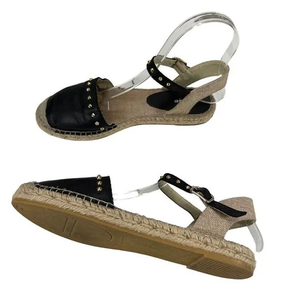 Dune London Joka Black Leather Studded Flat Espadrille ￼Sandals Women’s Size 6 (