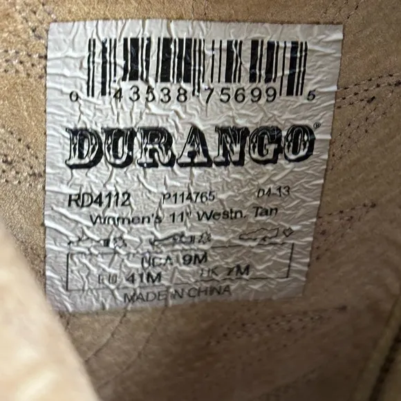 Durango Women's Western 11&quot; Leather Boots Tan 2&quot; Block Heel  RD4112 EU 41 US 9 M