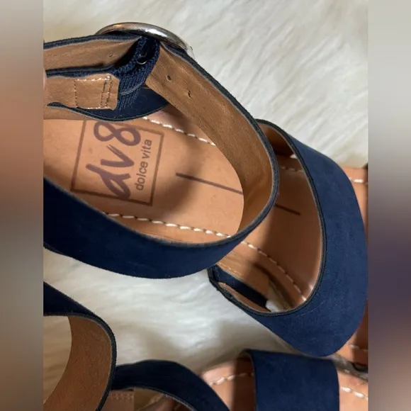 DV 8 Dolce Vita Shae Navy Blue Raffia Espadrille Platform Sandals