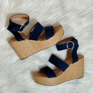 DV 8 Dolce Vita Shae Navy Blue Raffia Espadrille Platform Sandals