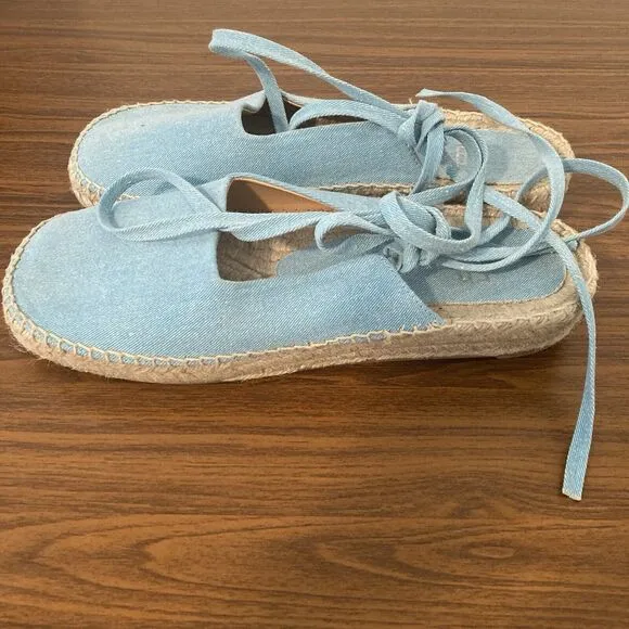 E8 by Miista Renee Espadrille Sandals Womens Size 40 Denim Blue Ankle Ribbons