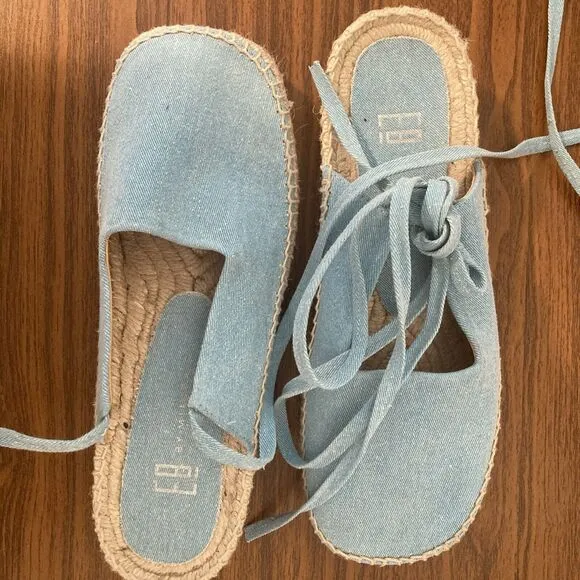 E8 by Miista Renee Espadrille Sandals Womens Size 40 Denim Blue Ankle Ribbons