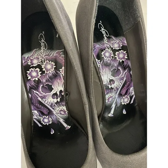 ED HARDY Women’s “VERA” Gray Platform Wedge Heel Studded Pumps Shoes Size 10