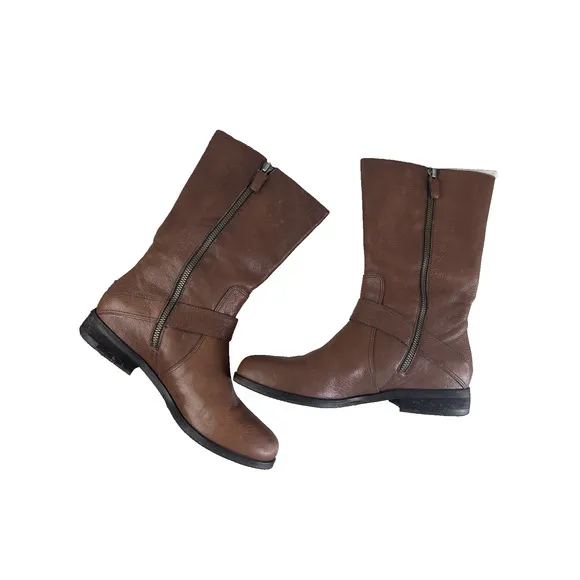 Eileen Fisher Domingo Whiskey Brown Leather Mid Calf Moto Boots Size 8 EUC