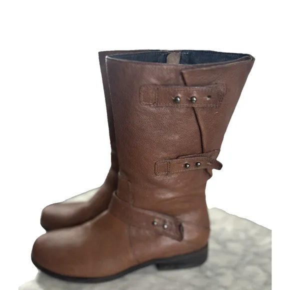 Eileen Fisher Domingo Whiskey Brown Leather Mid Calf Moto Boots Size 8 EUC