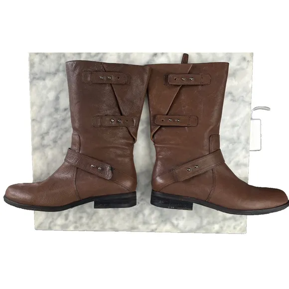 Eileen Fisher Domingo Whiskey Brown Leather Mid Calf Moto Boots Size 8 EUC