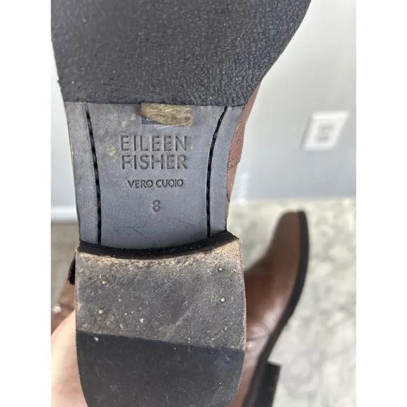 Eileen Fisher Domingo Whiskey Brown Leather Mid Calf Moto Boots Size 8 EUC