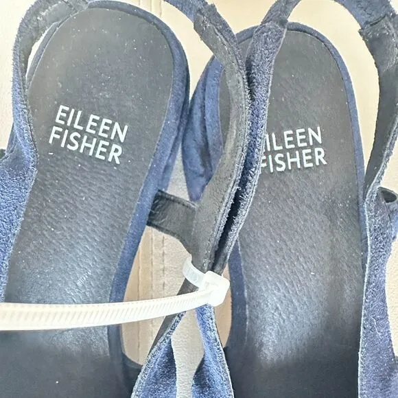 EILEEN FISHER Gals Slingback Leather Pump Size 6 Almond Toe Block Heel Blue NEW