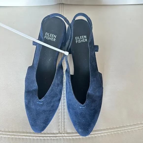 EILEEN FISHER Gals Slingback Leather Pump Size 6 Almond Toe Block Heel Blue NEW