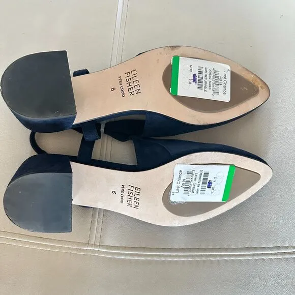 EILEEN FISHER Gals Slingback Leather Pump Size 6 Almond Toe Block Heel Blue NEW