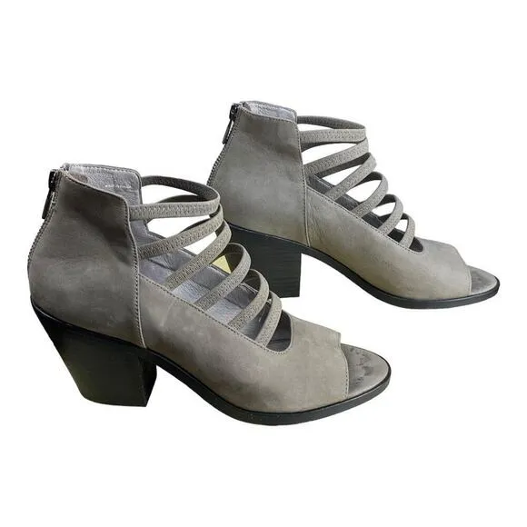 Eileen Fisher Vero Cuoio Grey Suede Strappy Block Heel Peep-Toe Booties - Size 7