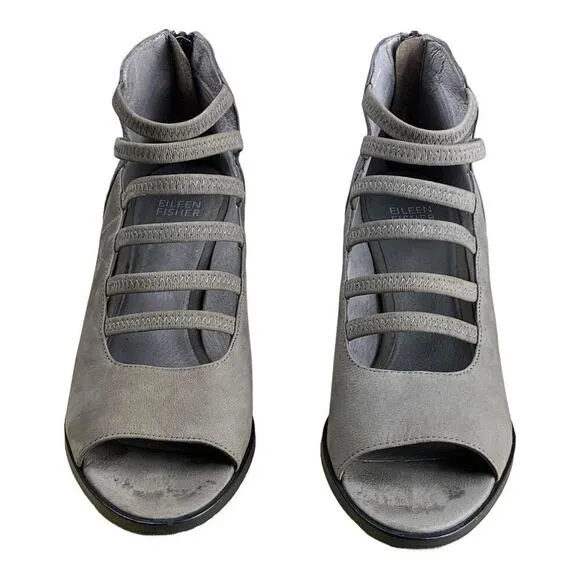 Eileen Fisher Vero Cuoio Grey Suede Strappy Block Heel Peep-Toe Booties - Size 7