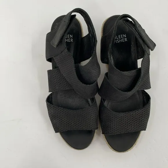 Eileen Fisher Willow Espadrille wedge sandal shoe black strappy platform 7.5