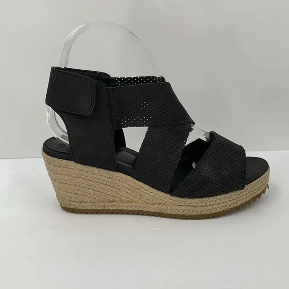 Eileen Fisher Willow Espadrille wedge sandal shoe black strappy platform 7.5