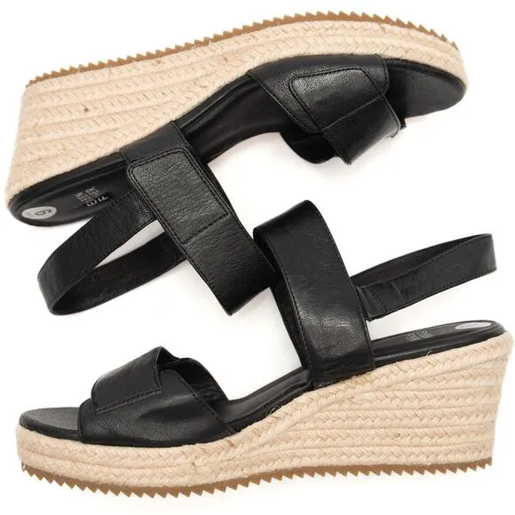 Eileen Fisher Winnie Black Leather Espadrille Wedge Sandals Size 9
