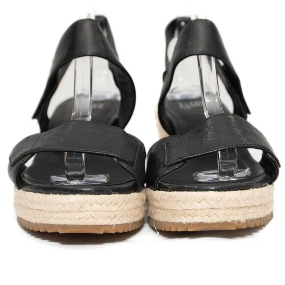 Eileen Fisher Winnie Black Leather Espadrille Wedge Sandals Size 9