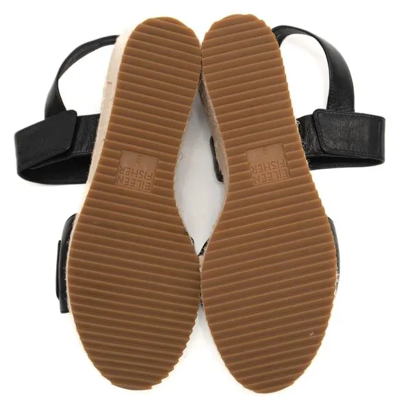 Eileen Fisher Winnie Black Leather Espadrille Wedge Sandals Size 9