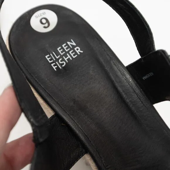 Eileen Fisher Winnie Black Leather Espadrille Wedge Sandals Size 9