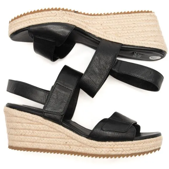 Eileen Fisher Winnie Black Leather Espadrille Wedge Sandals Size 9