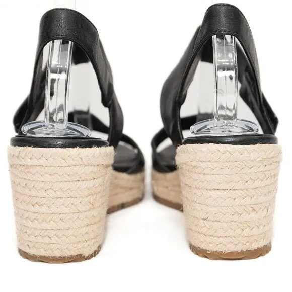 Eileen Fisher Winnie Black Leather Espadrille Wedge Sandals Size 9
