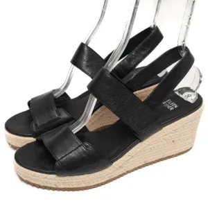 Eileen Fisher Winnie Black Leather Espadrille Wedge Sandals Size 9