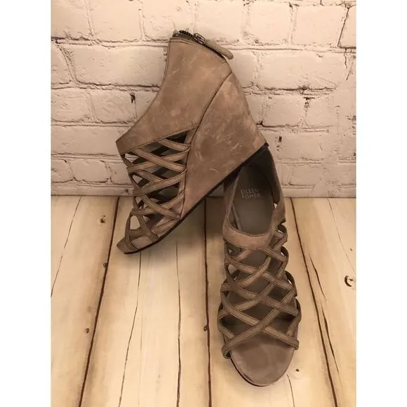 Eileen Fisher Womens Sandals Size 10 Leather PeepToe BackZip Wedge Heeled Caged