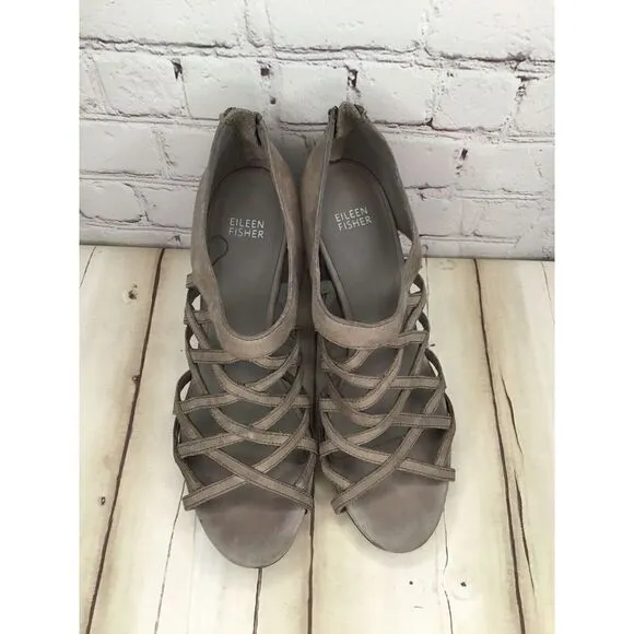 Eileen Fisher Womens Sandals Size 10 Leather PeepToe BackZip Wedge Heeled Caged