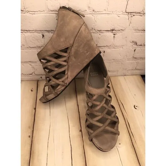 Eileen Fisher Womens Sandals Size 10 Leather PeepToe BackZip Wedge Heeled Caged