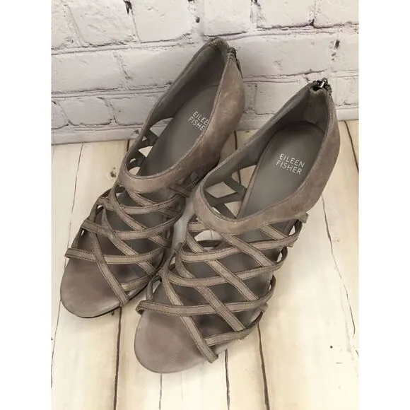 Eileen Fisher Womens Sandals Size 10 Leather PeepToe BackZip Wedge Heeled Caged