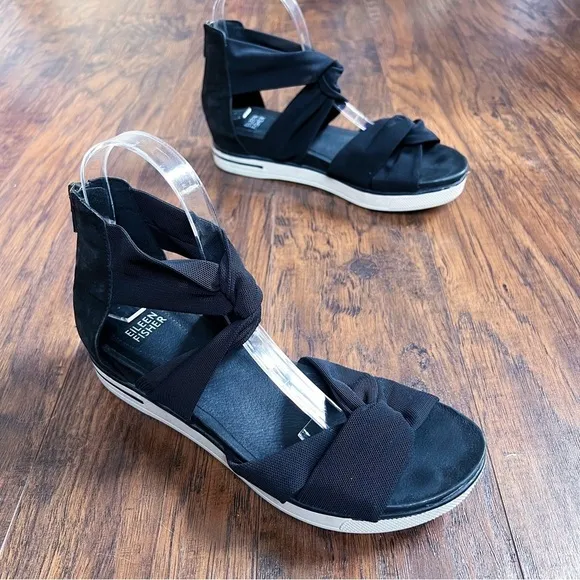 Eileen Fisher • Zanya Mesh Sneaker Sandal criss cross black sporty wedge