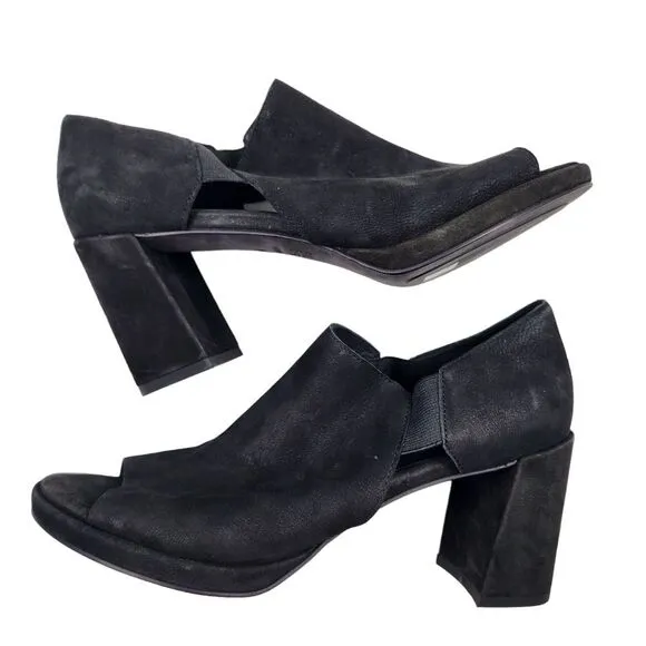 EILEEN FISHER Womens 8 Suede Cut Out Peep Toe Heeled Shoes NWOT Black Pull On