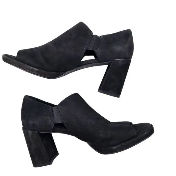 EILEEN FISHER Womens 8 Suede Cut Out Peep Toe Heeled Shoes NWOT Black Pull On