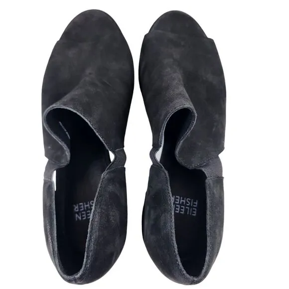 EILEEN FISHER Womens 8 Suede Cut Out Peep Toe Heeled Shoes NWOT Black Pull On