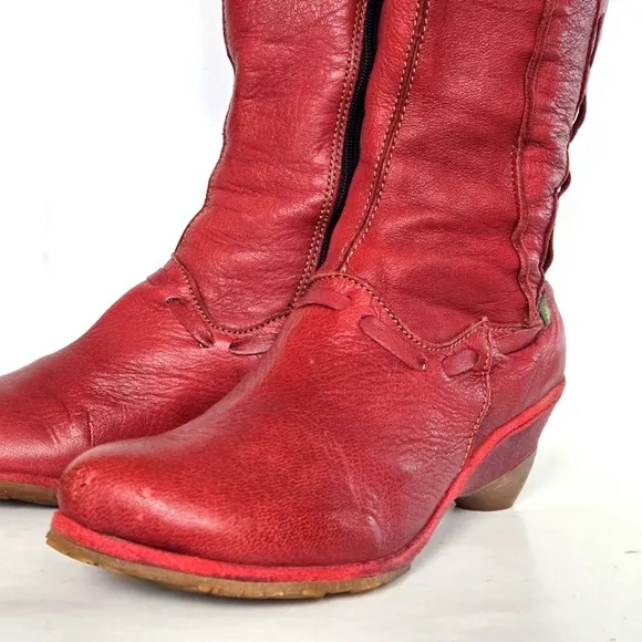El Naturalista Soft Red Leather Calf High Wedge Heel Boots Size 41