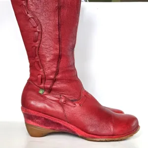 El Naturalista Soft Red Leather Calf High Wedge Heel Boots Size 41