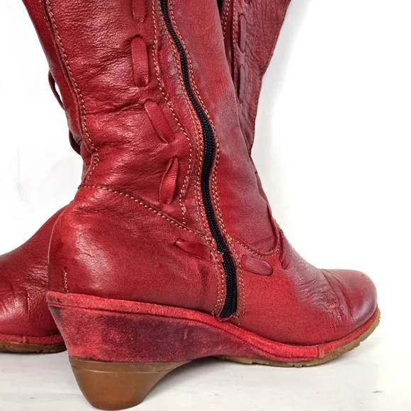 El Naturalista Soft Red Leather Calf High Wedge Heel Boots Size 41