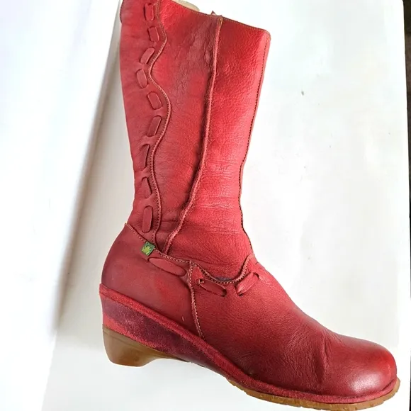 El Naturalista Soft Red Leather Calf High Wedge Heel Boots Size 41