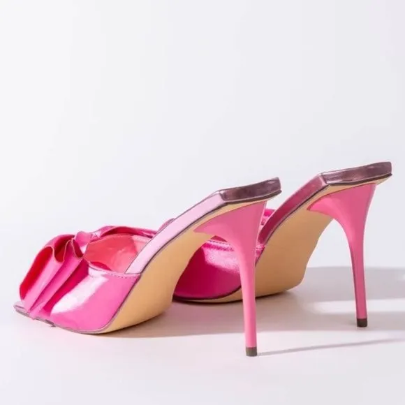Elaine In Love: Satin Bow Hot Pink Mule Stiletto Sandal 8 8.5