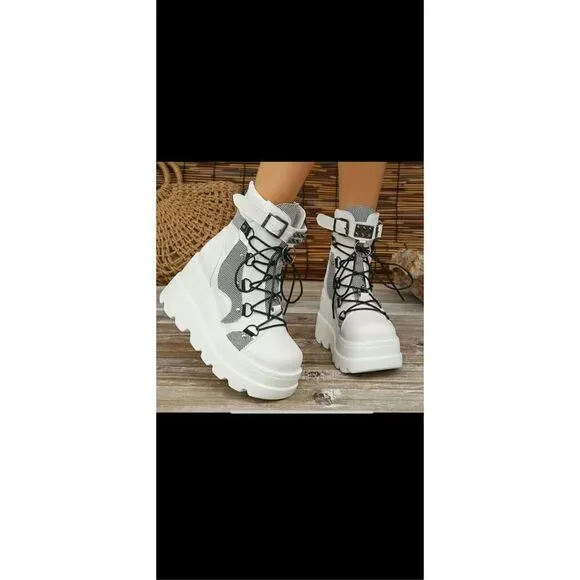 Elevated platform punk style, boots, stylish design combo zipper in the back net