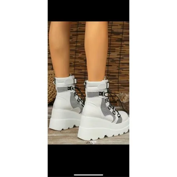 Elevated platform punk style, boots, stylish design combo zipper in the back net